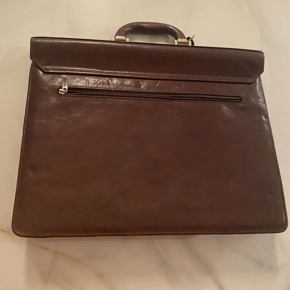 Vintage Briefcase Brown Leather Lock & Zippered Compartment 15.5